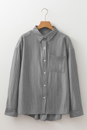 Women's Grey and White Striped Relaxed Fit Long Sleeve Shirt