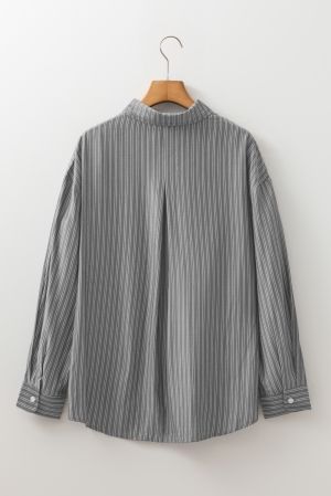 Women's Grey and White Striped Relaxed Fit Long Sleeve Shirt