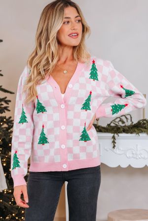 Women's Pink and White Checkered Christmas Cardigan with Christmas Trees