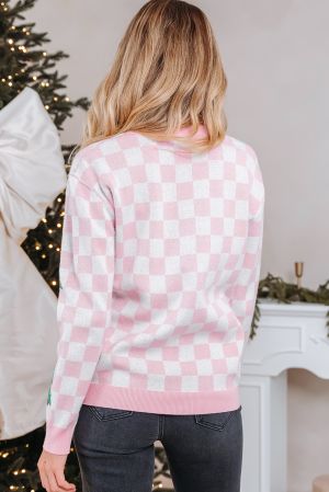 Women's Pink and White Checkered Christmas Cardigan with Christmas Trees