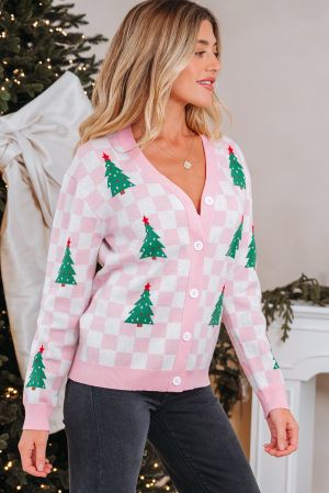 Women's Pink and White Checkered Christmas Cardigan with Christmas Trees