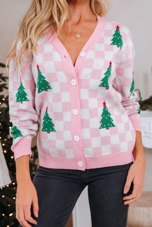 Women's Pink and White Checkered Christmas Cardigan with Christmas Trees