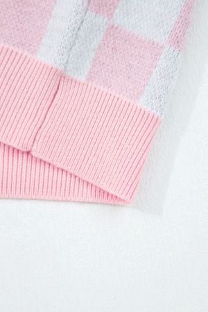 Women's Pink and White Checkered Christmas Cardigan with Christmas Trees