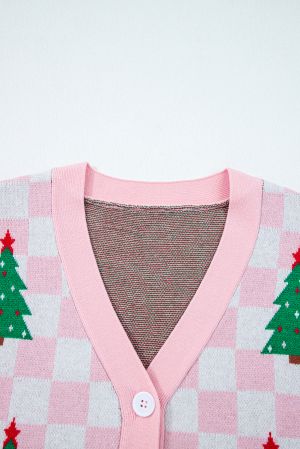 Women's Pink and White Checkered Christmas Cardigan with Christmas Trees