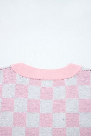 Women's Pink and White Checkered Christmas Cardigan with Christmas Trees