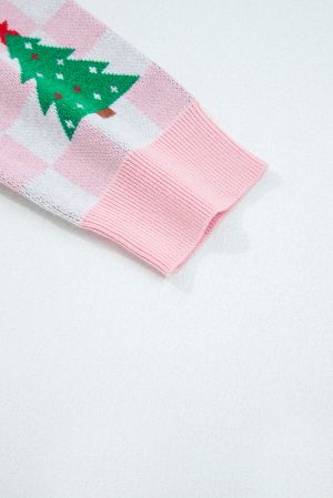 Women's Pink and White Checkered Christmas Cardigan with Christmas Trees