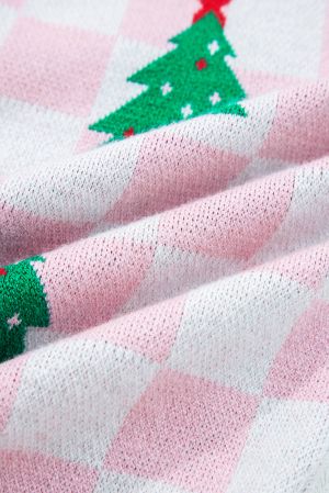 Women's Pink and White Checkered Christmas Cardigan with Christmas Trees