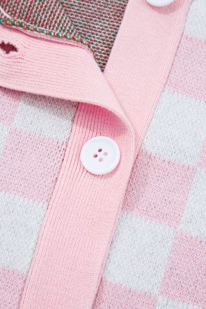 Women's Pink and White Checkered Christmas Cardigan with Christmas Trees