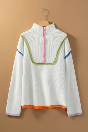 Women's White Colorful Edge Quarter Zip Drop Shoulder Sweater