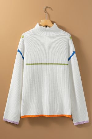 Women's White Colorful Edge Quarter Zip Drop Shoulder Sweater