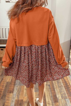 Women's Two-Tone Dress with Orange Top and Floral Print