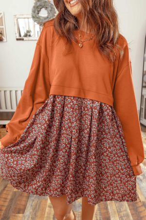 Women's Two-Tone Dress with Orange Top and Floral Print