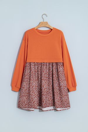 Women's Two-Tone Dress with Orange Top and Floral Print