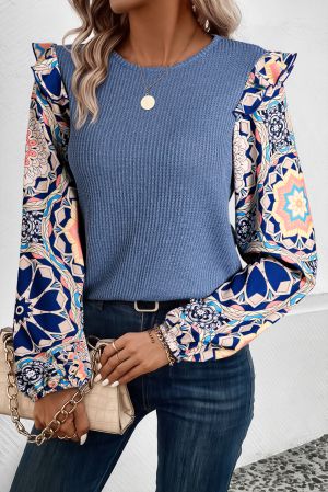 Women's Blue Textured Blouse with Colorful Printed Sleeves