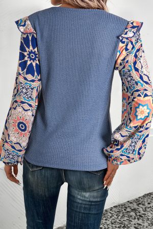 Women's Blue Textured Blouse with Colorful Printed Sleeves
