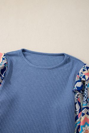 Women's Blue Textured Blouse with Colorful Printed Sleeves