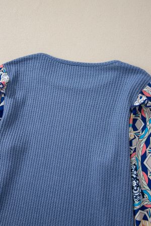 Women's Blue Textured Blouse with Colorful Printed Sleeves