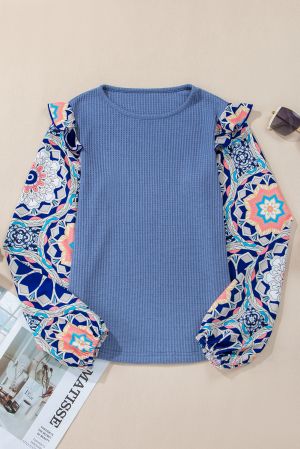 Women's Blue Textured Blouse with Colorful Printed Sleeves