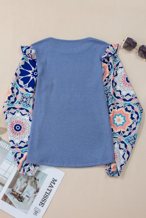 Women's Blue Textured Blouse with Colorful Printed Sleeves