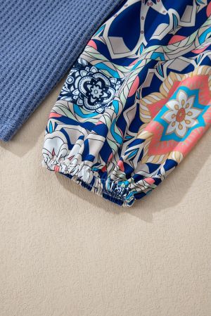 Women's Blue Textured Blouse with Colorful Printed Sleeves