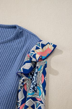 Women's Blue Textured Blouse with Colorful Printed Sleeves