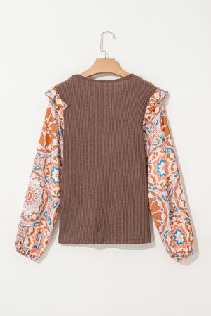 Women's Brown Textured Blouse with Colorful Printed Sleeves