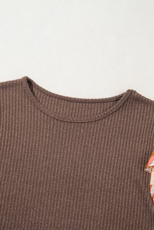 Women's Brown Textured Blouse with Colorful Printed Sleeves