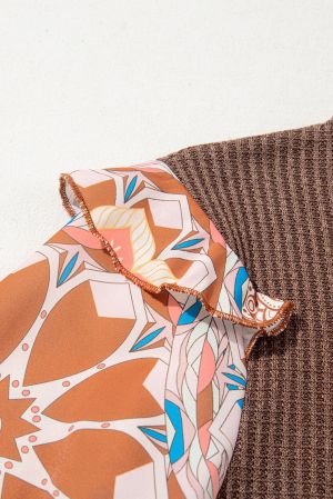 Women's Brown Textured Blouse with Colorful Printed Sleeves