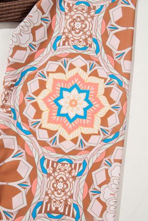Women's Brown Textured Blouse with Colorful Printed Sleeves