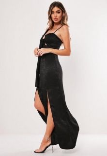 Дълга черна дамска сатенена рокля с цепка
