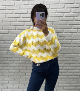 Дамски пуловер в жълто и бяло