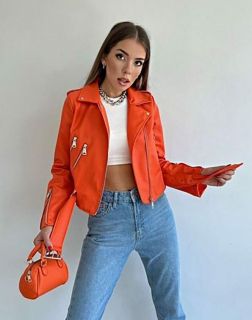 Дамско кожено яке в оранжево