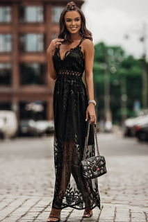 Дамска дълга дантелена рокля в черно