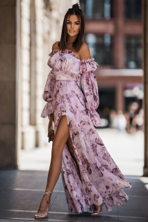 Дамска дълга рокля в лилаво с флорален принт