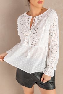 Дамска памучна блуза с дълъг ръкав в бяло