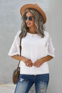 Дамска блуза с ефектни къси ръкави в бяло