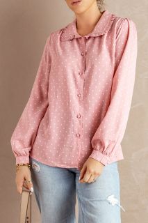 Дамска розова риза с дълъг ръкав и принт на точки