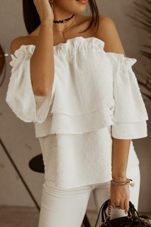 Дамска блуза с ластично деколте и принт на точки