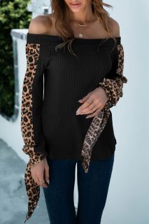 Дамска блуза в черно с ефектни ръкави с леопардов принт