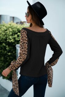 Дамска блуза в черно с ефектни ръкави с леопардов принт