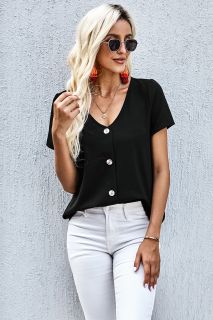 Дамска блуза в черно с къс ръкав и копчета