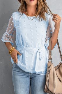 Дамска блуза в синьо с принт на точки и колан