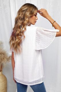 Дамска блуза в бяло с принт на точки и ръкав тип пеперуда