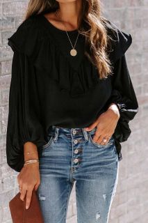 Дамска блуза в черно с дълъг ръкав и къдрички