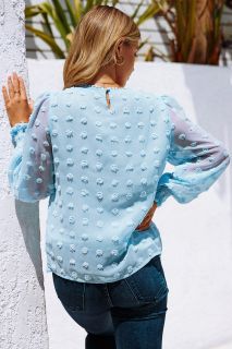 Дамска блуза в синьо с дълъг ръкав и принт на точки