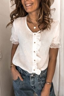 Дамска памучна блуза в бяло с къс ръкав и копчета