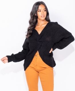 Дамски черен пуловер с ефектен възел