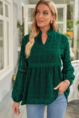 Дамска блуза в тъмнозелено с дълъг ръкав и принт на точки