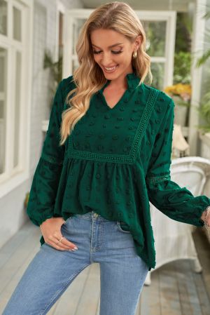 Дамска блуза в тъмнозелено с дълъг ръкав и принт на точки