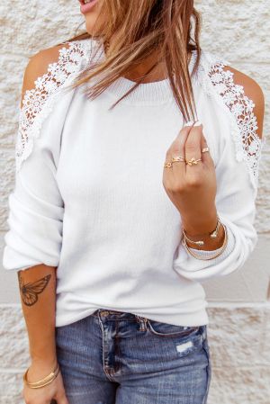 White Round Neck Lace Splicing Cold Shoulder Sweater